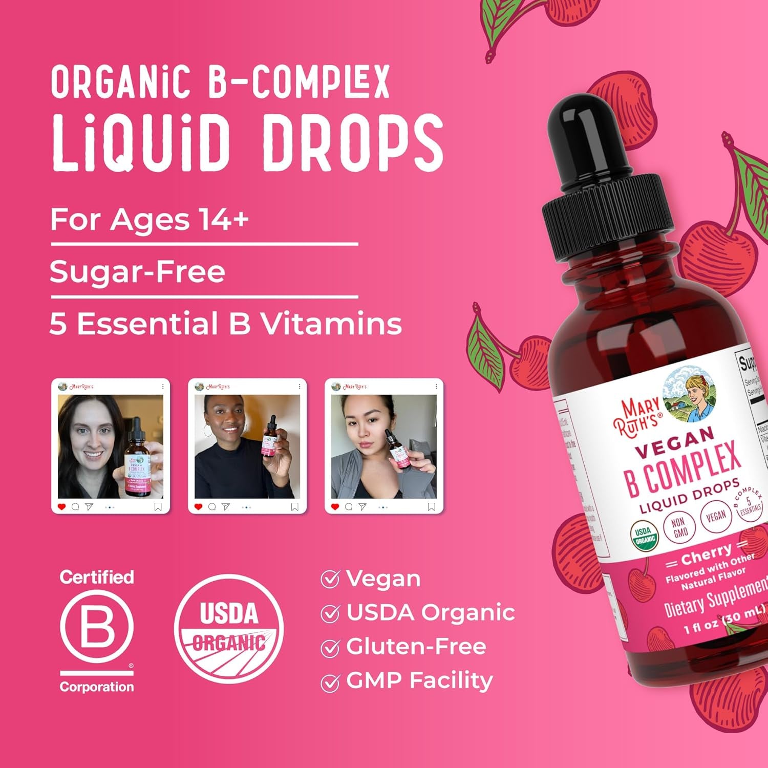 Maryruth Organics Vitamin B Complex | B Vitamins Complex | Biotin | Vitamin B12 | Niacin | Folate | Metabolic Support Supplement | Vegan | USDA Organic | Non-Gmo | Gluten Free | 2 Month Supply