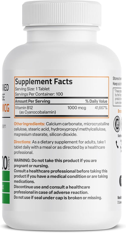 Bronson Vitamin B12 1000 Mcg Sustained Release Premium Non GMO Tablets Supports Nervous System, Healthy Brain Function and Energy Production, 100 Count