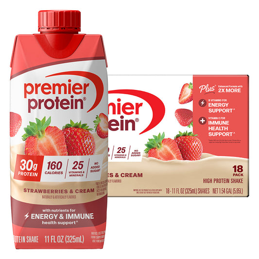 Premier 30G Protein plus Energy and Immune Support Shakes, Strawberries & Cream, 11 Fl Oz, 18-Pack