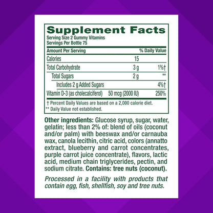 Vitafusion Vitamin D3 Gummies, Bone and Immune Support, Peach, Blackberry, Strawberry Flavored, 50 Mcg D3 Gummy Vitamin Supplement, 75 Day Supply, 150 Count