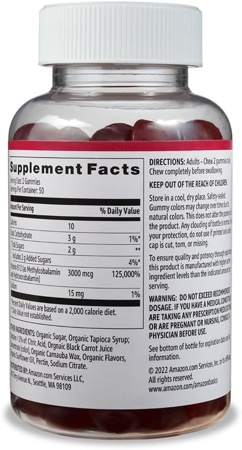 Vitamin B12 3000 Mcg Gummies, Normal Energy Production and Metabolism, Immune System Support, Raspberry, 100 Count (2 per Serving) (Previously Solimo)