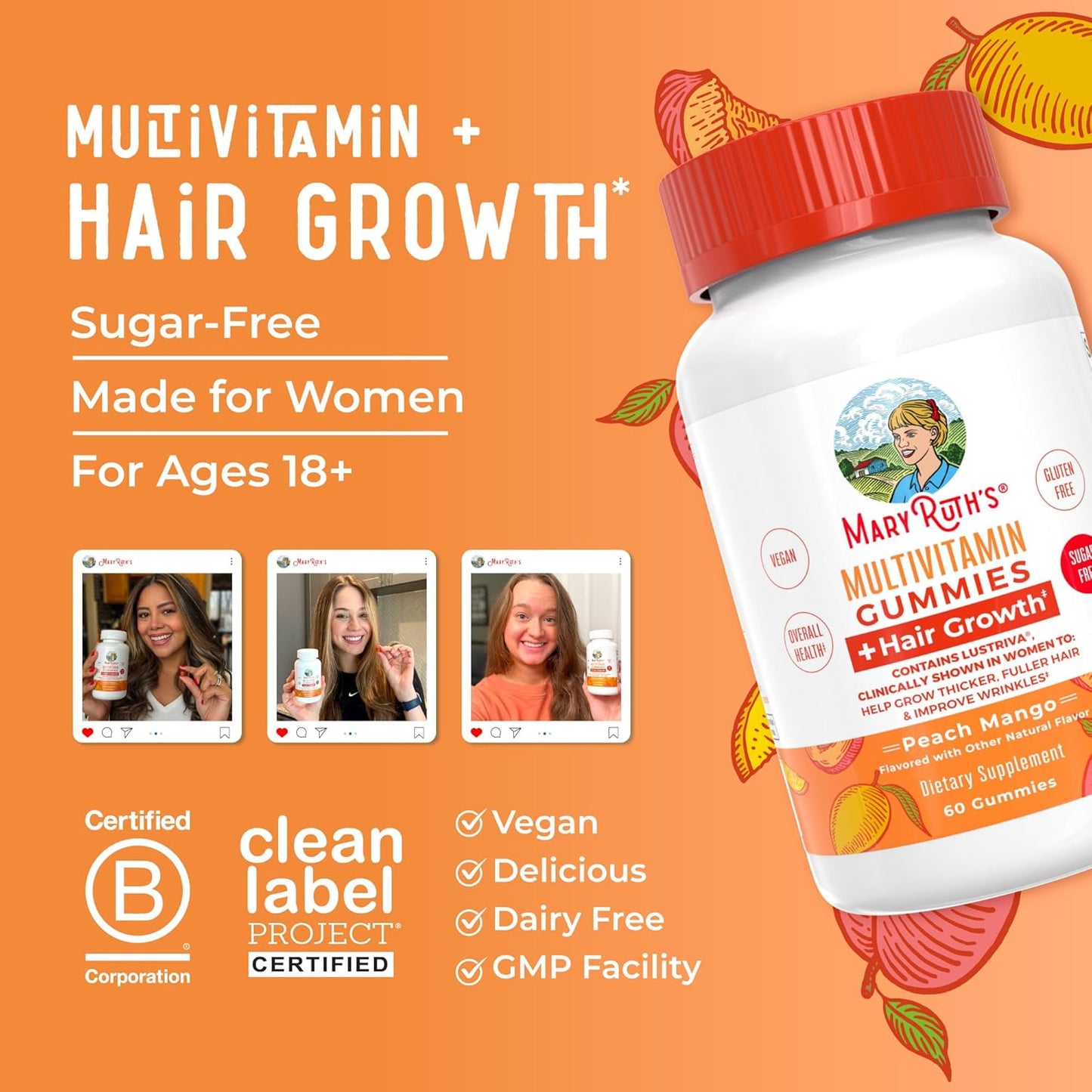 Maryruth'S Multivitamin + Hair Growth Gummies | with Lustriva® | Biotin 10000Mcg | B Vitamins | Formulated for Thicker Hair, Wrinkles, Fine Lines, Skin Care | Ages 18+ | 30 Servings