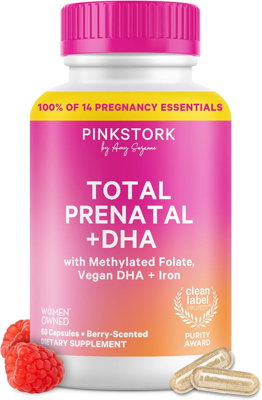 Pink Stork Total Prenatal Vitamins with DHA, Folate, Iron, Choline, and Vitamin B12 - Prenatals for Women to Support Fetal Development, Pregnancy Essentials, Berry Essence, 60 Capsules, 1 Month Supply