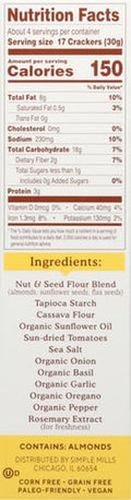 Simple Mills Almond Flour Crackers, Sundried Tomato & Basil - Gluten Free, Vegan, Healthy Snacks, Plant Based, 4.25 Ounce (Pack of 1)
