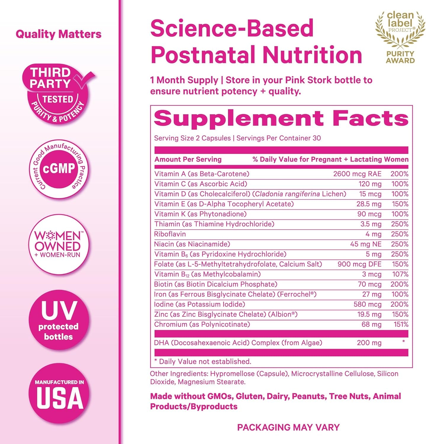 Pink Stork Total Postnatal Vitamins for Women with Vegan DHA, Iron, Folate, and Vitamin B12, Postpartum Recovery Essentials, Daily Supplement for Breastfeeding Moms - 1 Month Supply