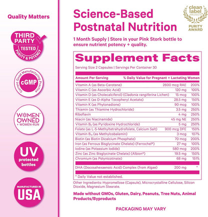 Pink Stork Total Postnatal Vitamins for Women with Vegan DHA, Iron, Folate, and Vitamin B12, Postpartum Recovery Essentials, Daily Supplement for Breastfeeding Moms - 1 Month Supply