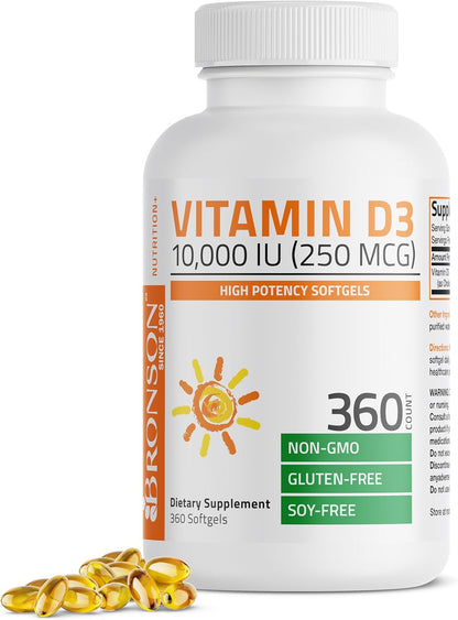 Bronson Vitamin D3 10,000 IU (250 Mcg) High  - Supports Healthy Immune System, Strong Bones, Muscles & Teeth - Non GMO, 360 Softgels (1 Year Supply)