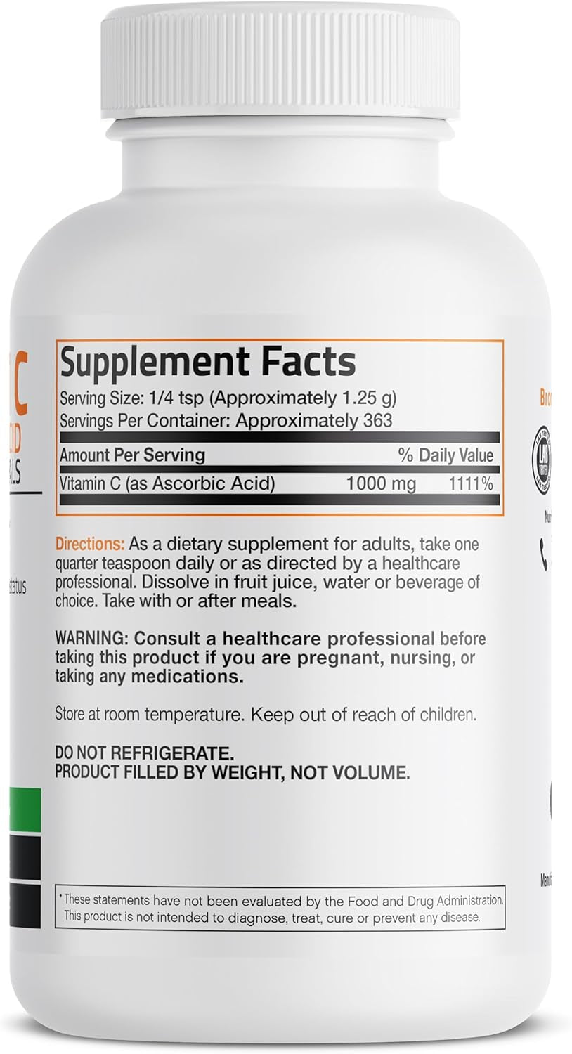 Bronson Vitamin C Powder Pure Ascorbic Acid Soluble Fine Non GMO Crystals – Promotes Healthy Immune System and Cell Protection – Powerful Antioxidant - 1 Pound (16 Ounces)