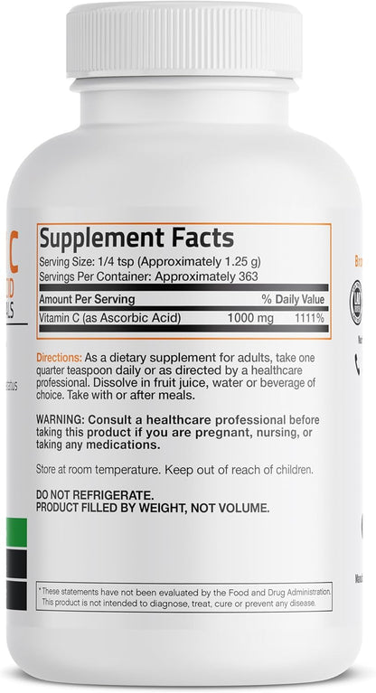 Bronson Vitamin C Powder Pure Ascorbic Acid Soluble Fine Non GMO Crystals – Promotes Healthy Immune System and Cell Protection – Powerful Antioxidant - 1 Pound (16 Ounces)
