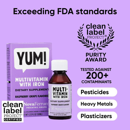 Novaferrum Yum | Multivitamin with Iron for Infants, Toddlers & Kids Ages 4 & under | Immune Support | Gluten Free Certified | Sugar Free | Raspberry Grape | 50 Servings