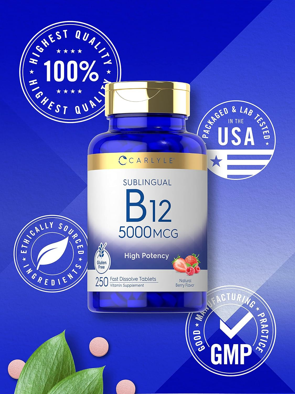 Carlyle B12 Vitamin 5000 Mcg Sublingual | 250 Fast Dissolve Tablets | High  | Natural Berry Flavor | Vegetarian, Non-Gmo & Gluten Free