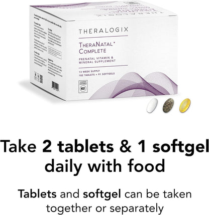 Theralogix Theranatal Complete Prenatal Vitamin Supplement - 91-Day Supply - with DHA, Vitamin D3, Folate, Iodine, Choline, Iron, Vitamin B6 & More - NSF Certified - 182 Tablets & 91 Softgels