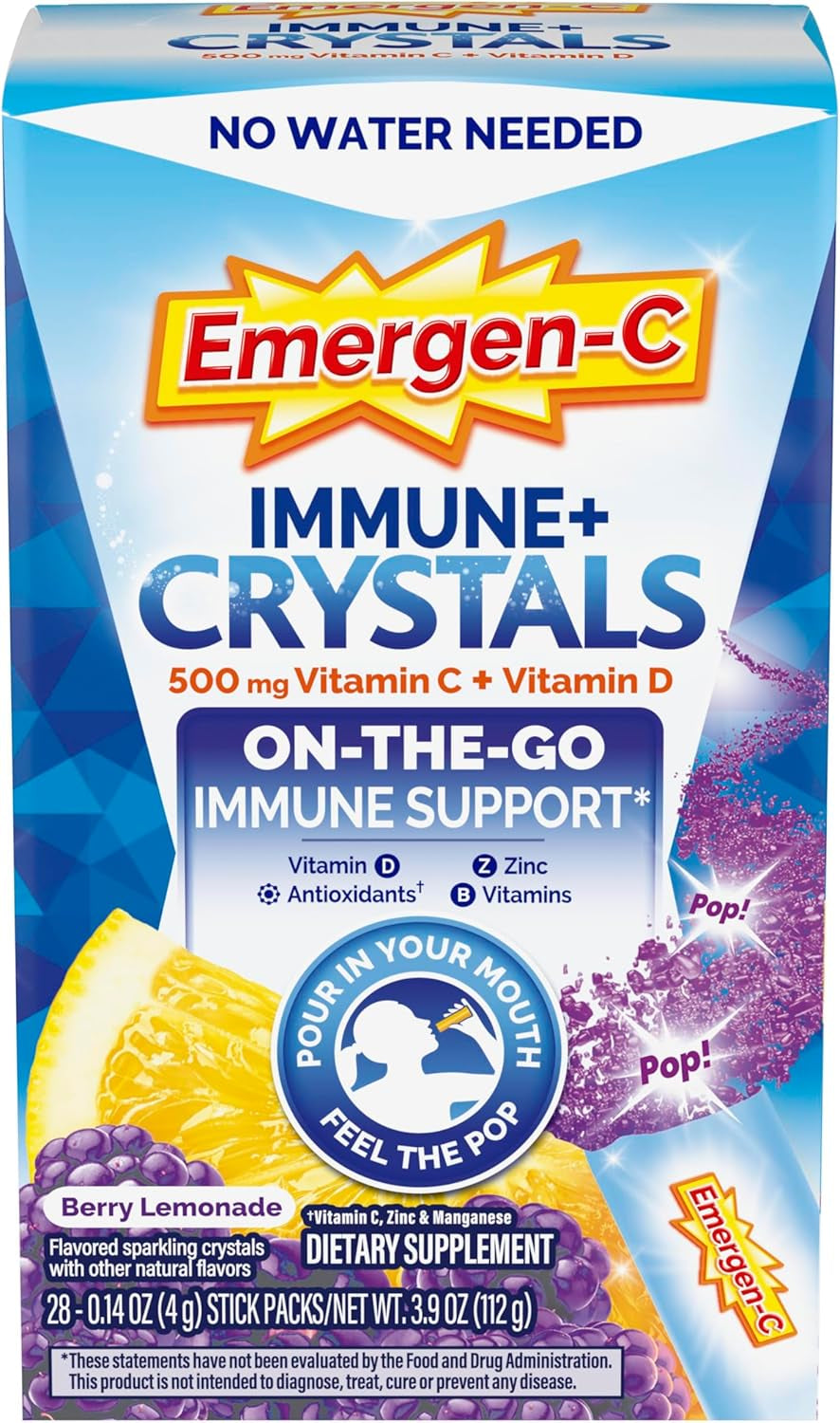 Emergen-C Immune plus Crystals, On-The-Go Immune Support Supplement with Vitamin C, Vitamin D, B Vitamins, Zinc and Manganese, Berry Lemonade - 28 Stick Packs