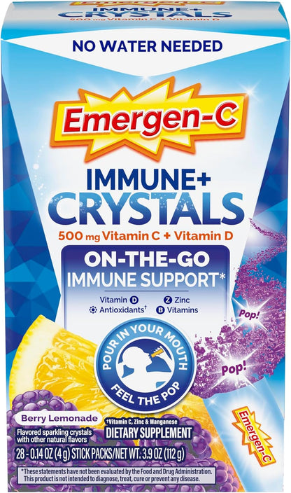 Emergen-C Immune plus Crystals, On-The-Go Immune Support Supplement with Vitamin C, Vitamin D, B Vitamins, Zinc and Manganese, Berry Lemonade - 28 Stick Packs
