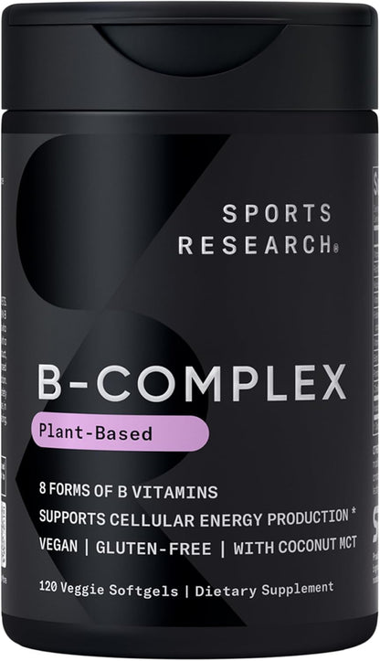 Sports Research® Vitamin B-Complex - Full Spectrum of B Vitamins with Methylated B12 & Folate - Gluten Free · Plant-Based · Non-Gmo · Vegan-Friendly Formula - 120 Veggie Softgels