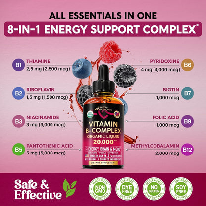 USDA Organic Vitamin B-Complex B5 Pantothenic Acid | B12 Methylcobalamin | B1 Thiamine | B6 Pyridoxine | B7 Biotin | B9 Folic | B3 Niacinamide - B Complex Liquid Drops, Made in USA Supplement, 2Fl Oz