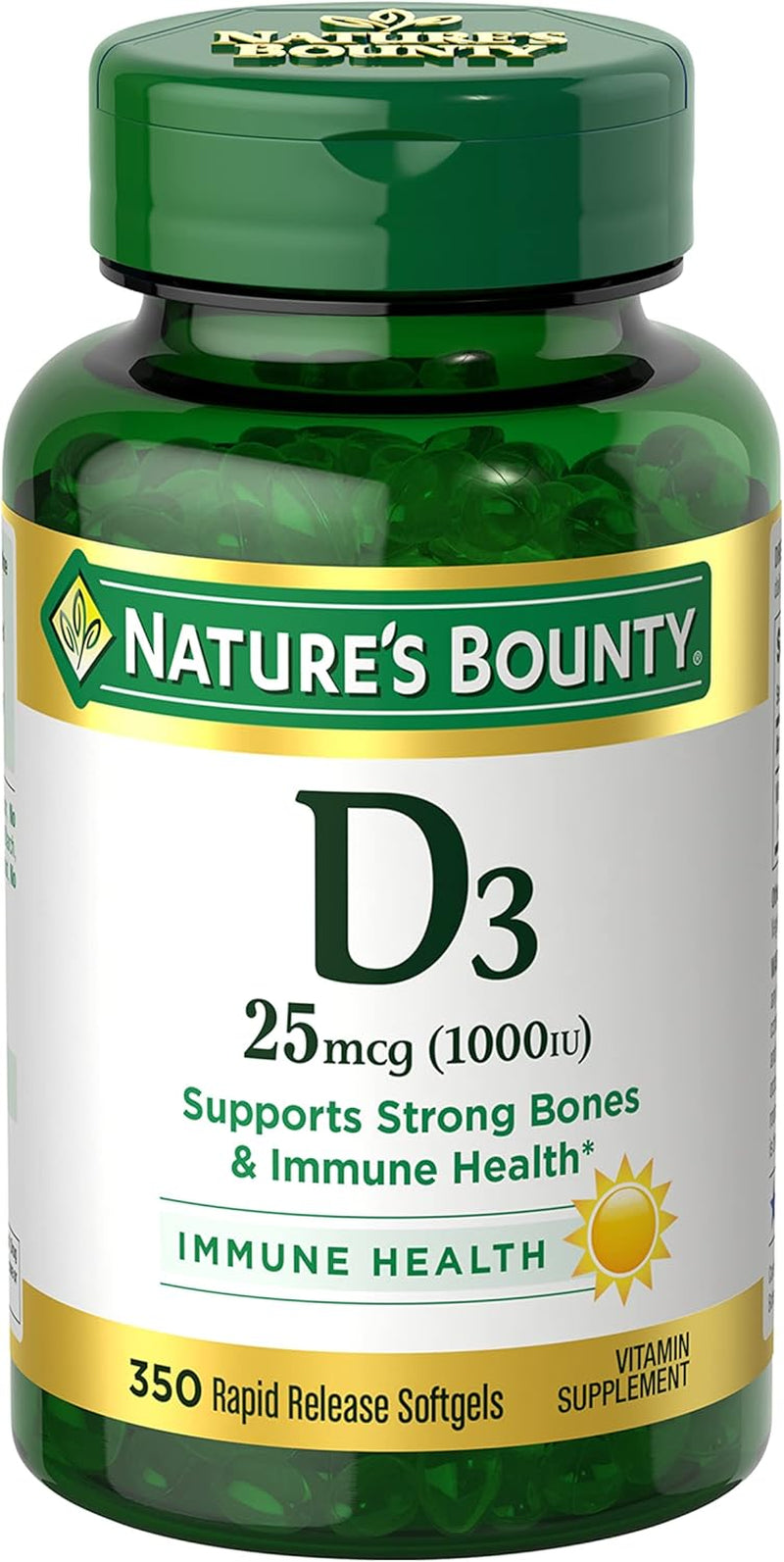 Nature'S Bounty Vitamin D3 1000 IU Softgels, Immune Support, Promotes Healthy Bones, 1 Softgel per Day, Gluten Free, 350 Count