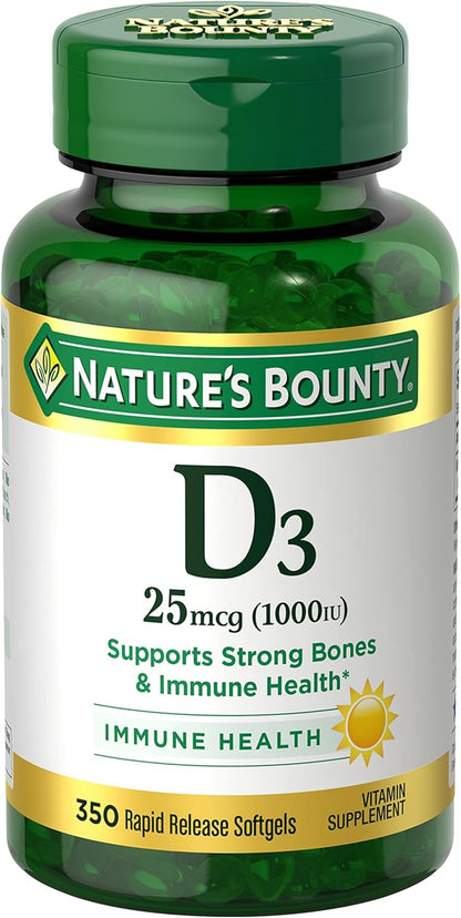 Nature'S Bounty Vitamin D3 1000 IU Softgels, Immune Support, Promotes Healthy Bones, 1 Softgel per Day, Gluten Free, 350 Count