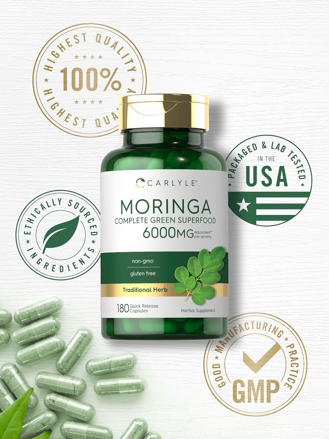 Carlyle Moringa Oleifera | 180 Capsules | Non-Gmo and Gluten Free Supplement | Complete Green Superfood | from Moringa Leaf Powder