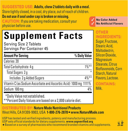 Nature Made Extra Strength Dosage Chewable Vitamin C 1000 Mg per Serving, Vitamin C Chewable Dietary Supplement for Immune Support, 90 Tablets, 45 Day Supply