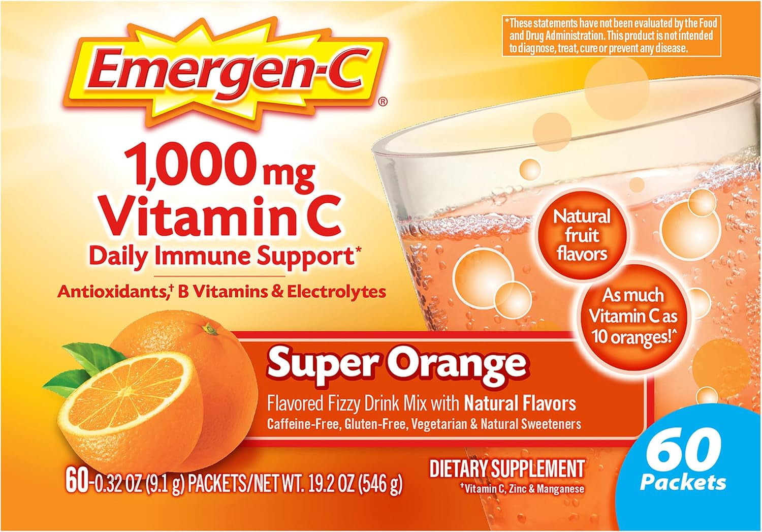 Emergen-C 1000Mg Vitamin C Powder for Daily Immune Support Caffeine Free Vitamin C Supplements with Zinc and Manganese, B Vitamins and Electrolytes, Super Orange Flavor - 60 Count/2 Month Supply