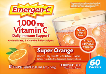Emergen-C 1000Mg Vitamin C Powder for Daily Immune Support Caffeine Free Vitamin C Supplements with Zinc and Manganese, B Vitamins and Electrolytes, Super Orange Flavor - 60 Count/2 Month Supply