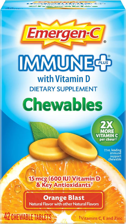 Emergen-C Immune+ Chewables 1000Mg Vitamin C with Vitamin D Tablet, Immune Support Dietary Supplement for Immunity, Orange Blast Flavor - 42 Count