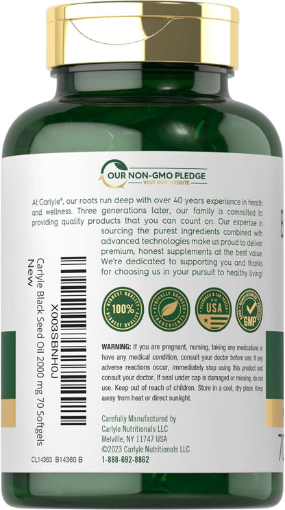 Carlyle Black Seed Oil Softgel Capsules | 2000Mg | 70 Pills | for Women & Men | Non-Gmo, Gluten Free Herbal Supplement