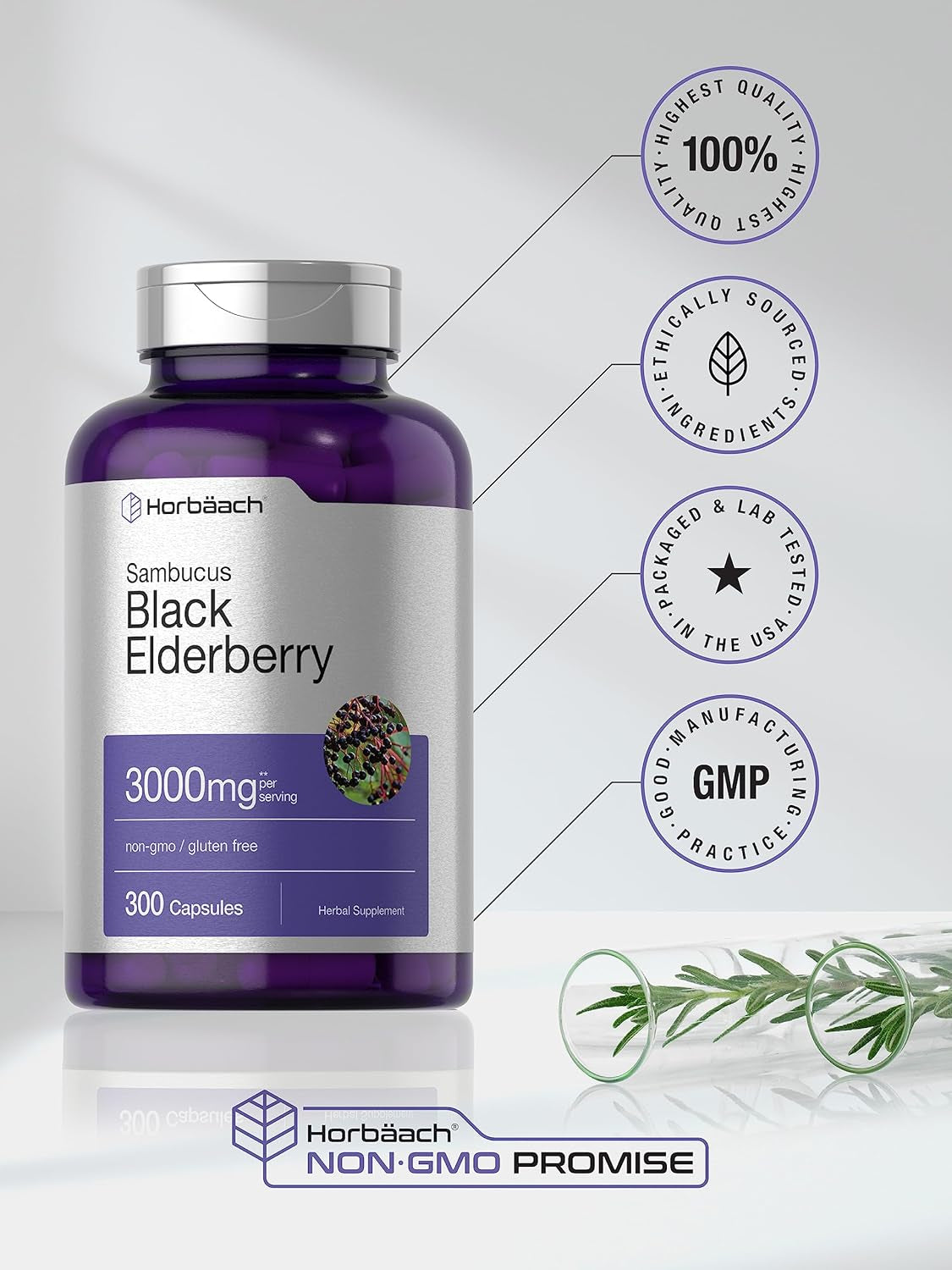 Horbäach Black Elderberry | 3000Mg Capsules | 300 Count | Non-Gmo, Gluten Free | Sambucus Supplement