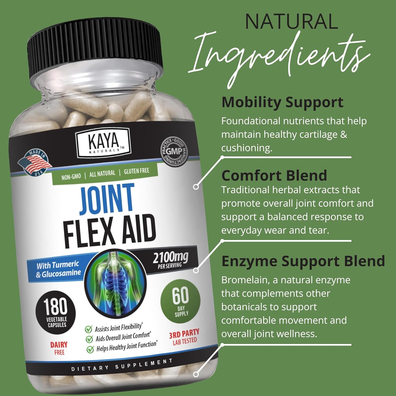 Naturals Flex Aid - Mobility Support Supplement for Men and Women - Turmeric Capsules with Glucosamine Sulfate, Boswellia Serrata and MSM - for Knee Support and Mobility Health - 180 Count