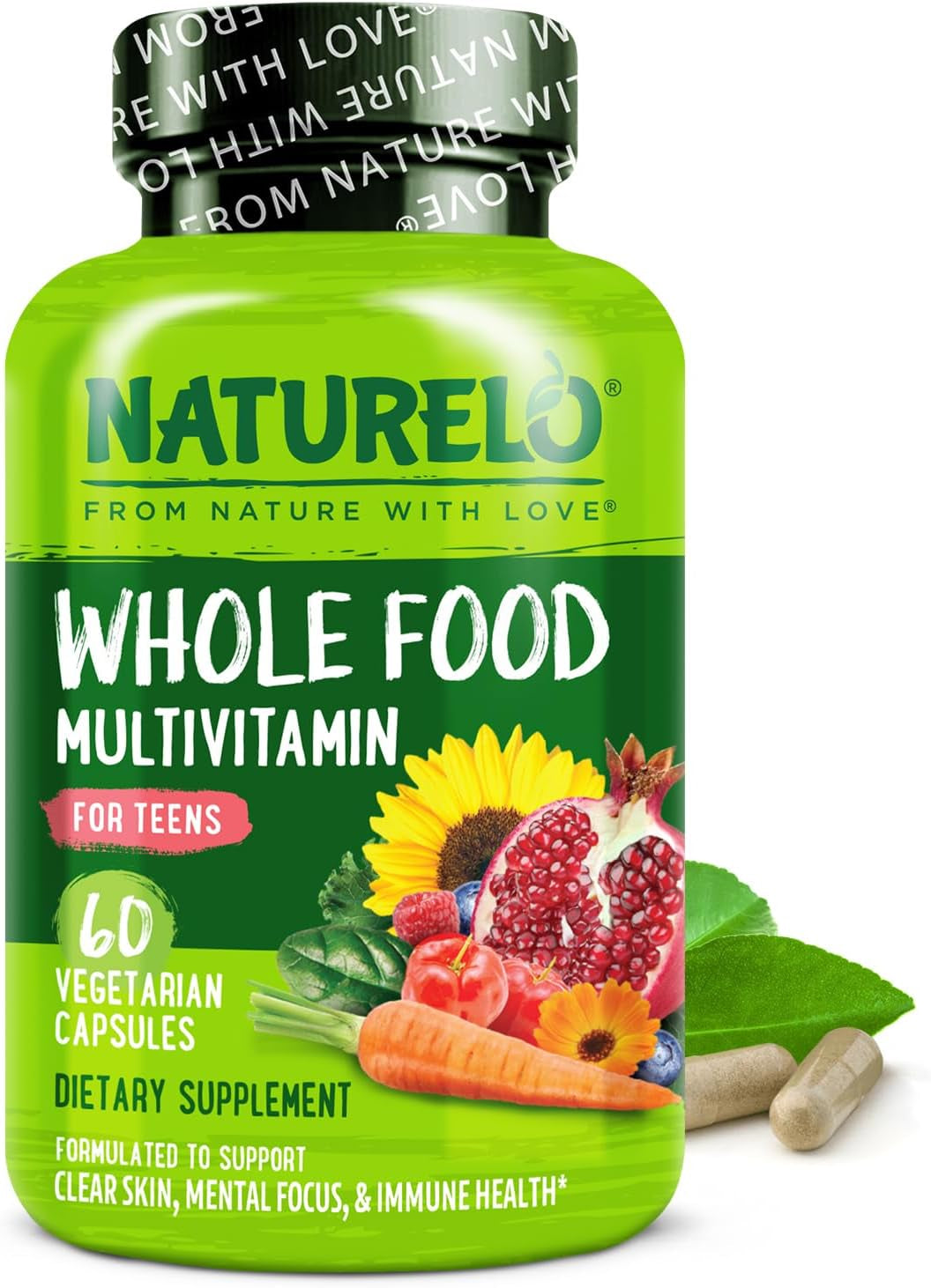 NATURELO Multivitamins for Teenage Girls/Boys, 60 Capsules, Whole Food Multivitamin with Minerals, Non-Gmo, Vegetarian