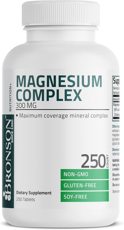 Bronson Triple Magnesium Complex Maximum Coverage 300Mg - Non-Gmo Formula, 250 Tablets