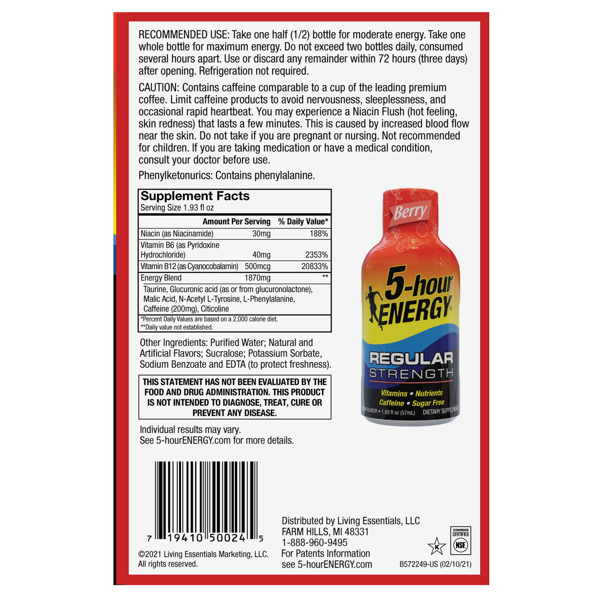 5-Hour Energy Shot, Regular Strength, Berry, 1.93 Fl. Oz, 24 Count