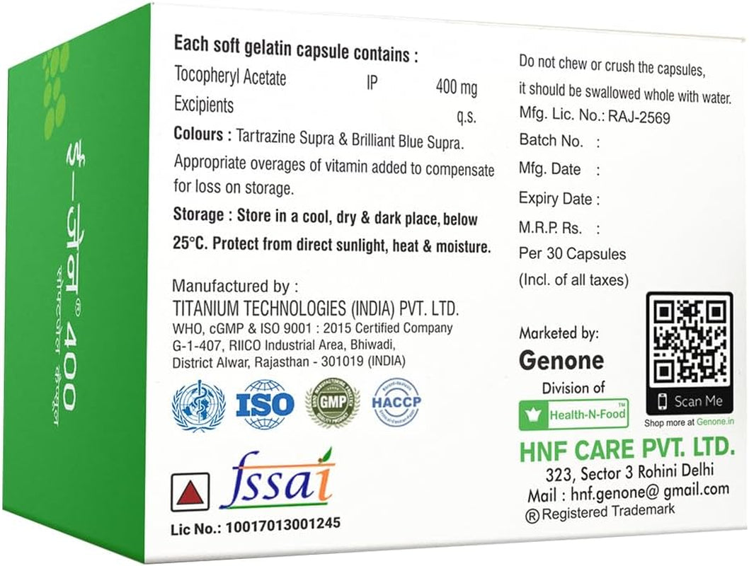 Genone E-Gen 400 Vitamin E Capsule for Glowing Face, Skin and Hair Nutrition (30 Capsules)