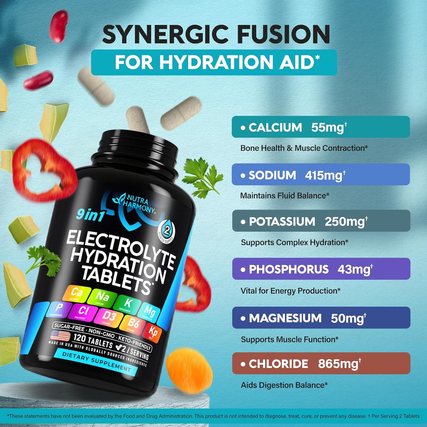 Electrolytes - Electrolyte Tablets with Magnesium, Sodium, Potassium, Chloride, Vitamins D3 & B6, Kelp Powder - Salt Pills - Made in USA - Oral Tablets as Capsules - Vegan & Keto Friendly - 120 Tabs