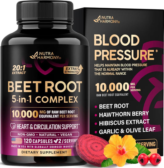 Beet Root 5-In-1 Complex Capsules - Healthy Blood Pressure Support Supplement** for Heart & Circulation Support - with Hawthorn Berry, Hibiscus & Garlic - for Men & Women - Made in USA, 120 Capsules