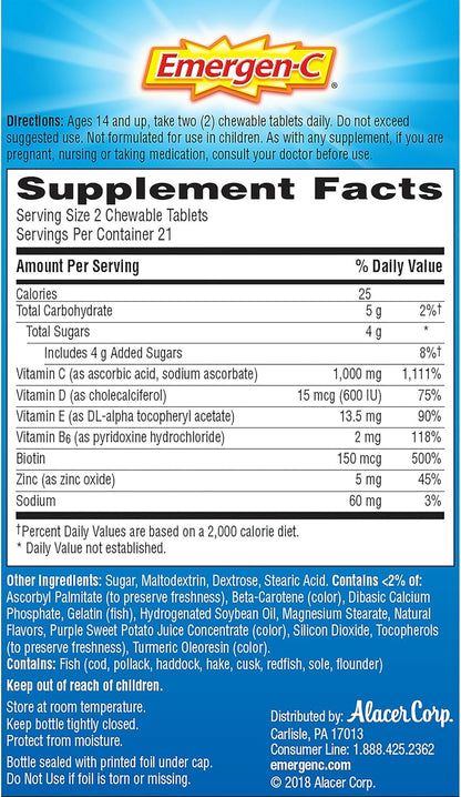 Emergen-C Immune+ Chewables 1000Mg Vitamin C with Vitamin D Tablet, Immune Support Dietary Supplement for Immunity, Orange Blast Flavor - 42 Count