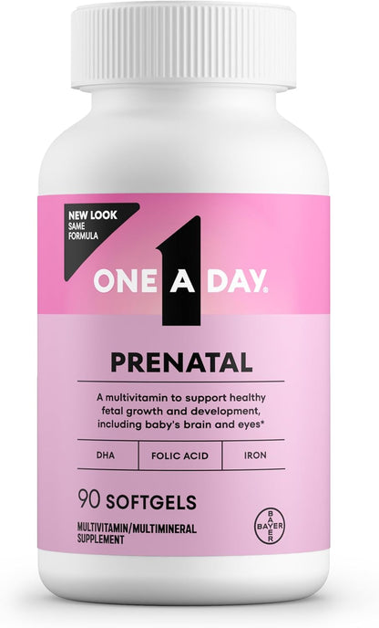 One a Day Prenatal Vitamins- Folic Acid, Iron, Omega- 3 (DHA), Pregnancy Vitamins for Women, Prenatal Multivitamin for Mom and Baby Support, Pregnancy Must Haves 90 Ct (Packaging May Vary)