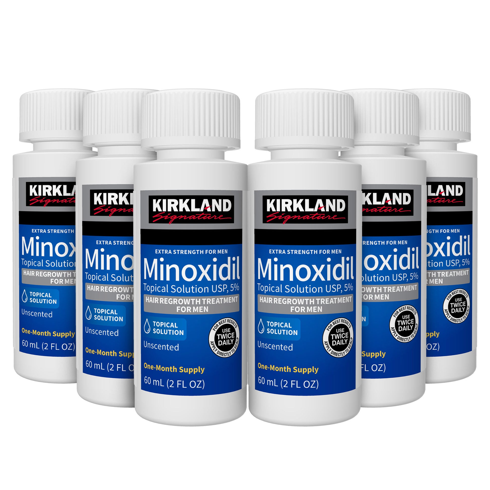 Kirkland Signature Hair Regrowth Treatment Extra Strength for Men, 5% Minoxidil Topical Solution, 2 Fl Oz, 6-Pack