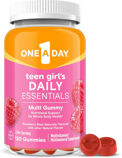 One a Day Teen Girl’S Daily Essentials Multivitamin Gummies, Teen Girl Multivitamins with Biotin, Vitamin B12 and B6, Vitamin C, Raspberry Natural Flavor, 120 Gummies