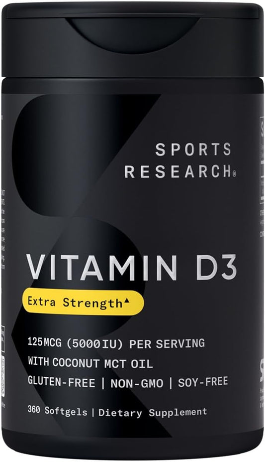 Sports Research® Vitamin D3 W/Coconut MCT Oil - High  Vitamin D3 5000Iu (125Mcg) Supplement for Immune & Bone Support - Seed Oil Free - Non-Gmo - Gluten Free (360 Liquid Softgels)