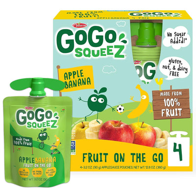 Gogo Squeez Fruit on the Go, Apple Banana, 3.2 Oz (Pack of 4), Unsweetened Fruit Snacks for Kids, Gluten Free, Nut Free and Dairy Free, Recloseable Cap, BPA Free Pouches
