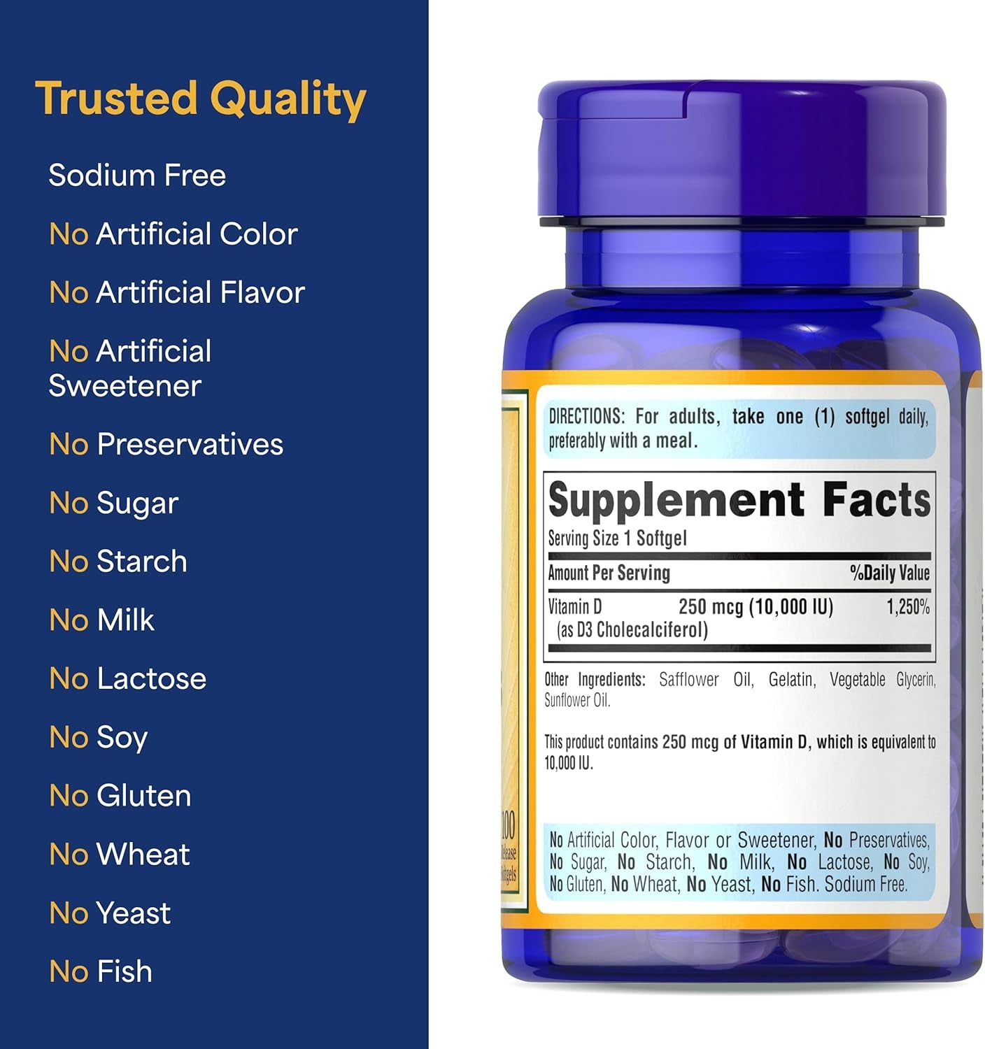 Puritan'S Pride Premium Sunvite™ Mega- Vitamin D3 10,000 IU, Dietary Supplement for Healthy Bones, Teeth, and Immune System Support, 100 Rapid Release Softgels