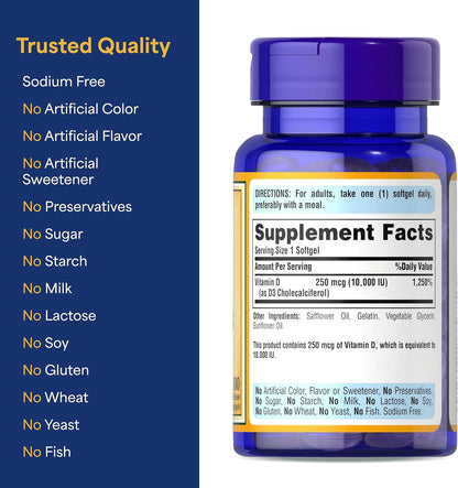 Puritan'S Pride Premium Sunvite™ Mega- Vitamin D3 10,000 IU, Dietary Supplement for Healthy Bones, Teeth, and Immune System Support, 100 Rapid Release Softgels