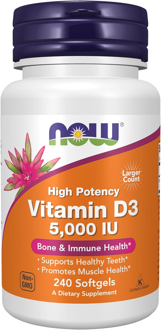NOW Foods Supplements, Vitamin D-3 5,000 IU, High , Structural Support*, 240 Softgels