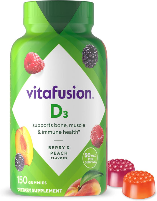 Vitafusion Vitamin D3 Gummies, Bone and Immune Support, Peach, Blackberry, Strawberry Flavored, 50 Mcg D3 Gummy Vitamin Supplement, 75 Day Supply, 150 Count