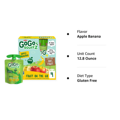 Gogo Squeez Fruit on the Go, Apple Banana, 3.2 Oz (Pack of 4), Unsweetened Fruit Snacks for Kids, Gluten Free, Nut Free and Dairy Free, Recloseable Cap, BPA Free Pouches