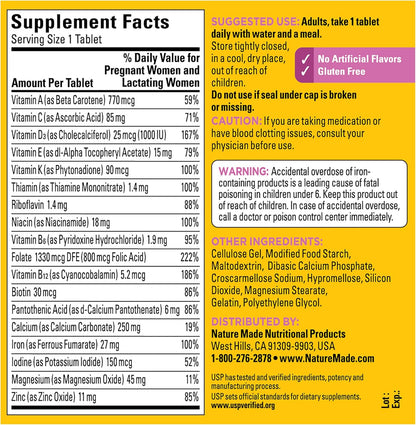 Nature Made Prenatal Multivitamin with Folic Acid, Prenatal Vitamin and Mineral Supplement for Daily Nutritional Support, 250 Tablets, 250 Day Supply
