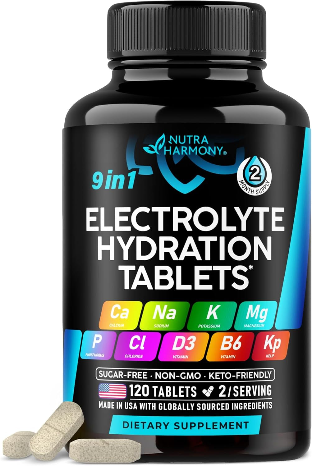 Electrolytes - Electrolyte Tablets with Magnesium, Sodium, Potassium, Chloride, Vitamins D3 & B6, Kelp Powder - Salt Pills - Made in USA - Oral Tablets as Capsules - Vegan & Keto Friendly - 120 Tabs