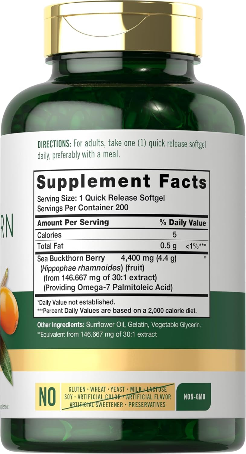 Carlyle Sea Buckthorn Oil Capsules 4400Mg | 200 Softgels | Non-Gmo, Gluten Free | Sea Buckthorn Berry Oil Supplement
